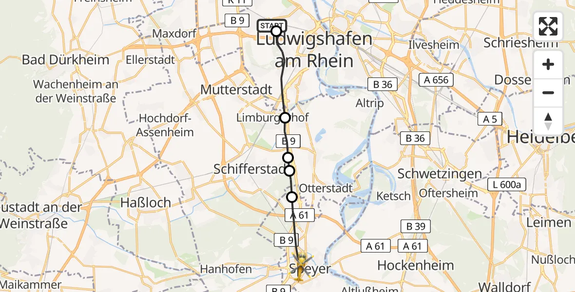 Flugroute Rettungshubschrauber Ludwigshafen Accident Hospital - Speyer, 26 Mai 2026, 18:16