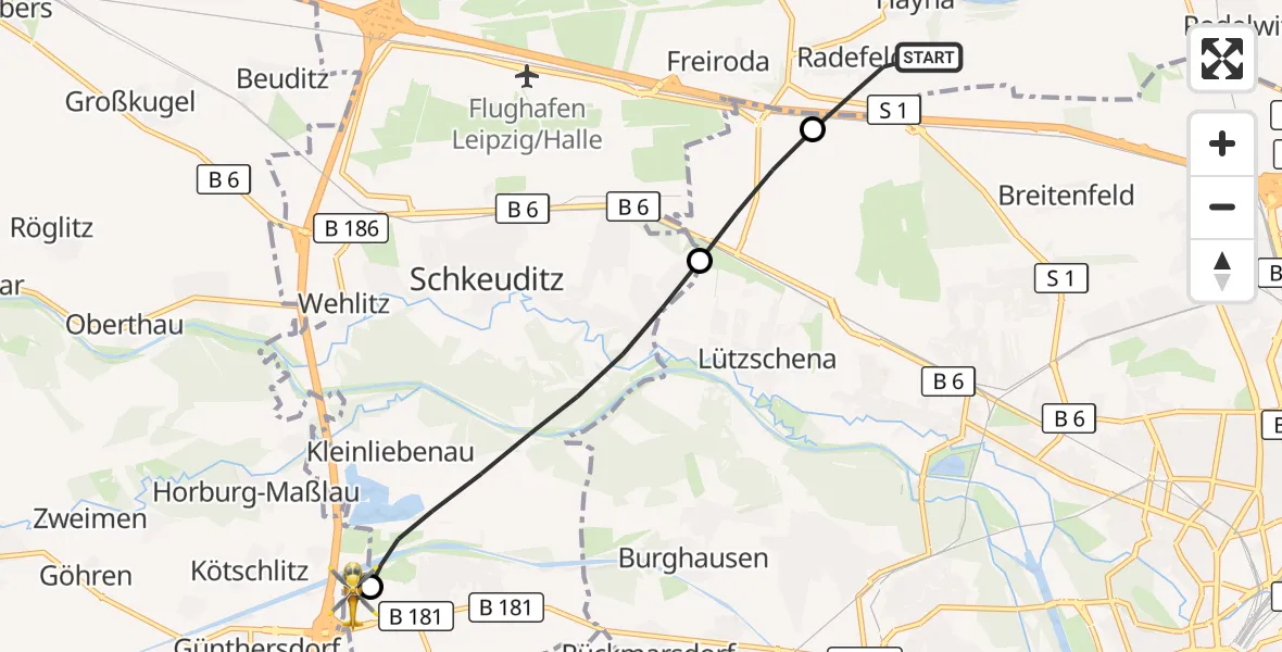 Flugroute Rettungshubschrauber Schkeuditz - ADAC Air Rescue Station Leipzig/Schkeuditz-Dölzig Hubschrauberlandeplatz (Christoph 61), 26 Mai 2026, 18:18