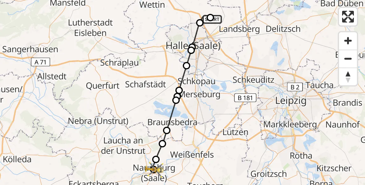 Flugroute Rettungshubschrauber Halle-Oppin Flugplatz - Naumburg Krankenhaus Hubschrauberlandeplatz, 26 Mai 2026, 18:22
