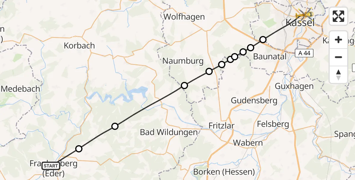 Flugroute Rettungshubschrauber Frankenberg (Eder) - Kassel, 26 Mai 2026, 18:24
