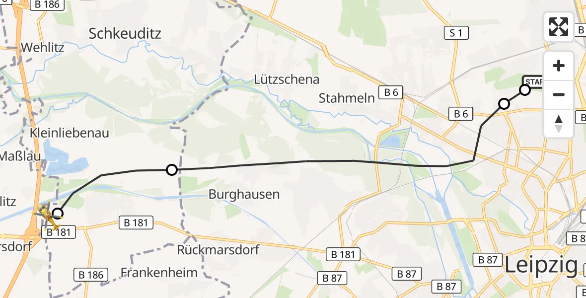 Flugroute Rettungshubschrauber Sankt Georg Hospital Leipzig Reserve - ADAC Air Rescue Station Leipzig/Schkeuditz-Dölzig Hubschrauberlandeplatz (Christoph 61), 26 Mai 2026, 18:24