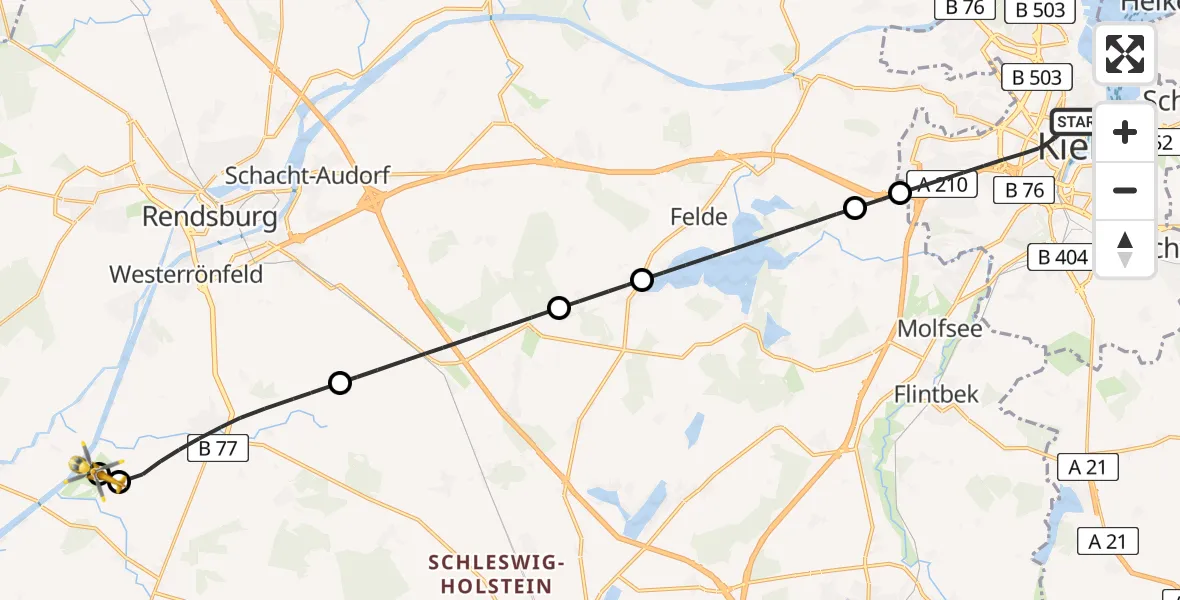 Flugroute Ambulanzhubschrauber Kiel - Rendsburg-Schachtholm Flugplatz, 26 Mai 2026, 18:29