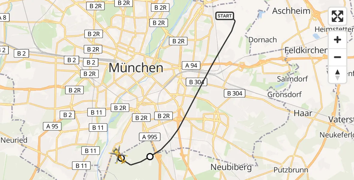 Flugroute Rettungshubschrauber München - ADAC Air Rescue Center Hubschrauberlandeplatz (Christoph 1), 26 Mai 2026, 18:38