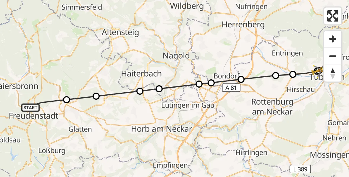 Flugroute Ambulanzhubschrauber Freudenstadt - Tübingen University Hospital, 26 Mai 2026, 18:41