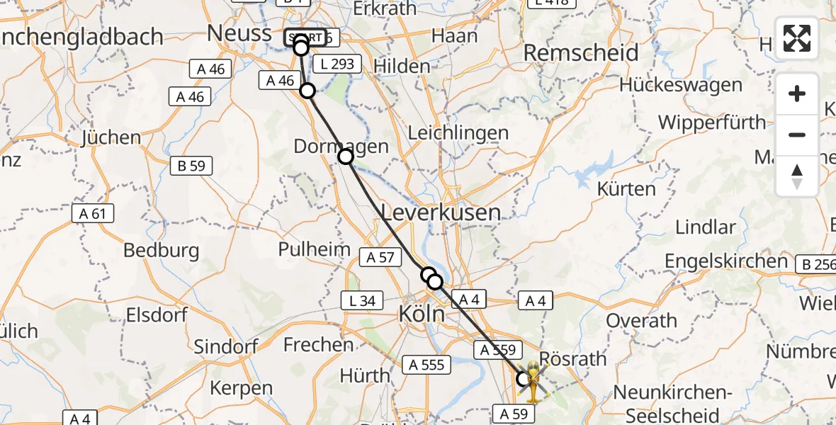 Flugroute Rettungshubschrauber Düsseldorf University Hospital - Köln Bonn Flughafen, 26 Mai 2026, 18:42
