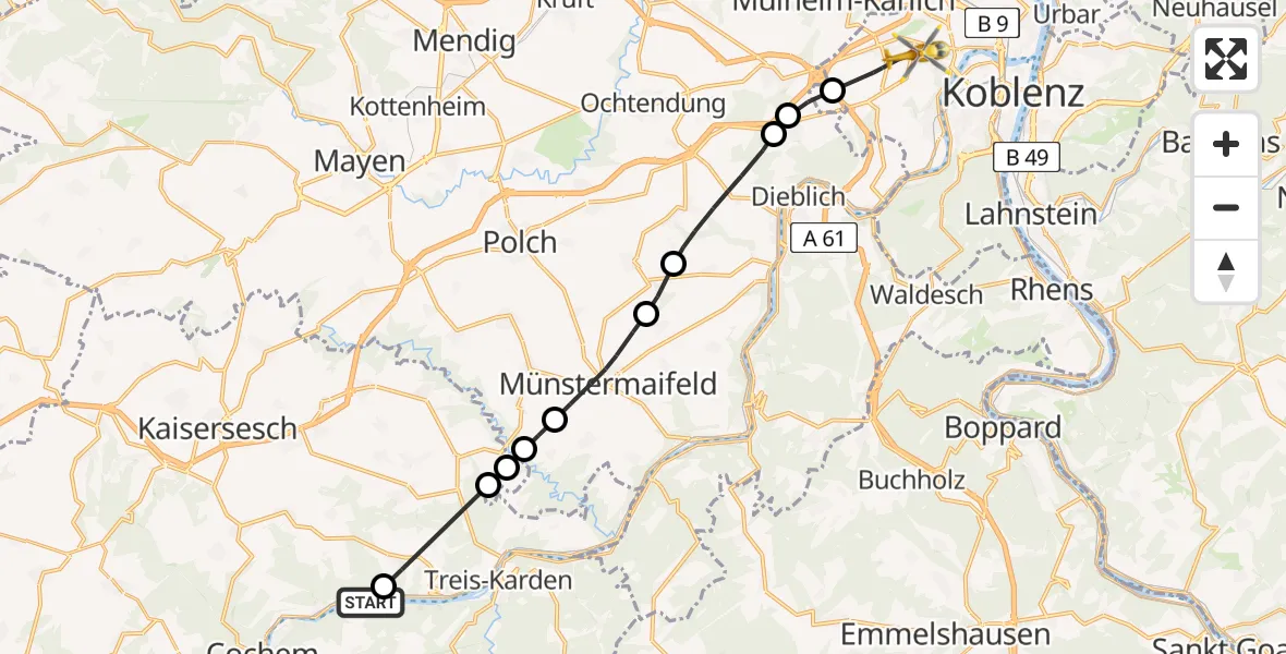 Flugroute Rettungshubschrauber Klotten - Koblenz, 26 Mai 2026, 18:44
