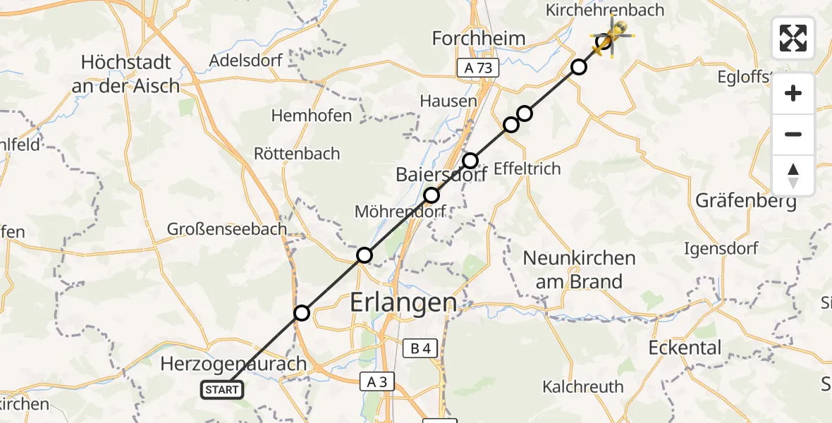 Flugroute Ambulanzhubschrauber Herzogenaurach - Kirchehrenbach, 26 Mai 2026, 18:44