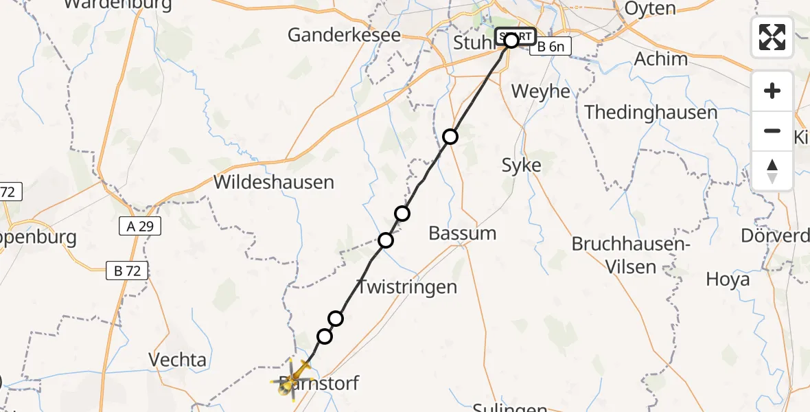 Flugroute Rettungshubschrauber ADAC Air Rescue Station Bremen Hubschrauberlandeplatz (Christoph 6) - Barnstorf, 26 Mai 2026, 18:45