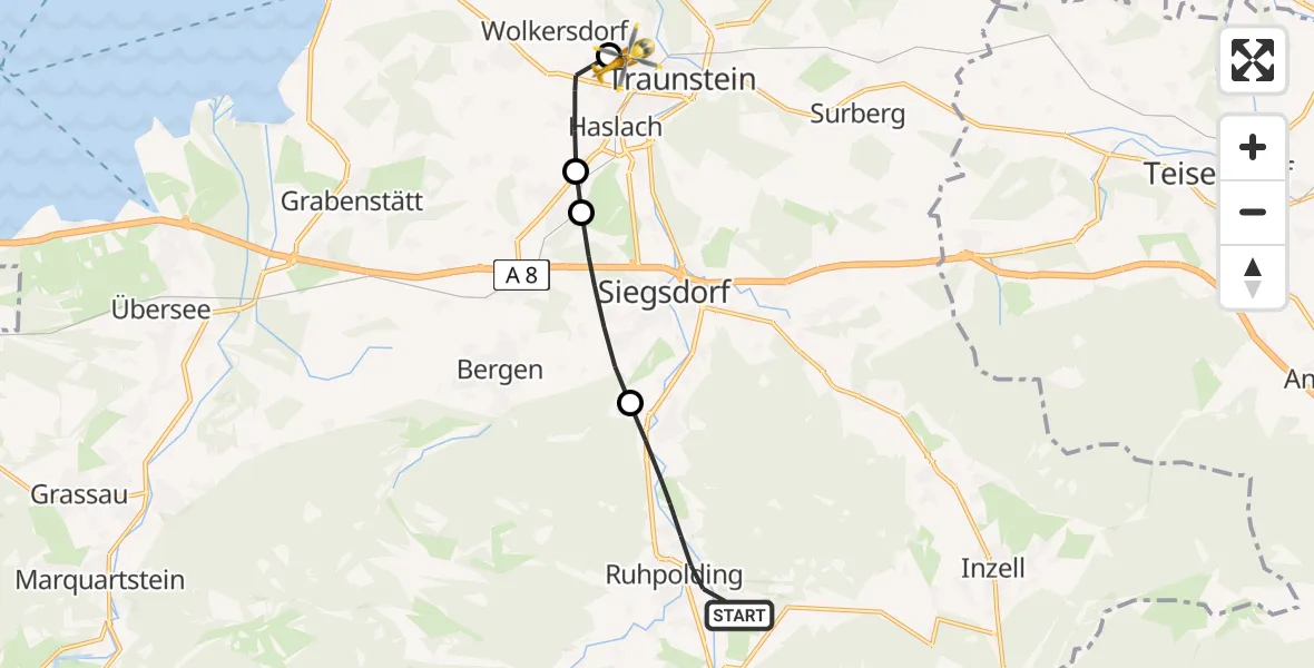 Flugroute Rettungshubschrauber Ruhpolding - Traunstein Hospital, 26 Mai 2026, 18:51