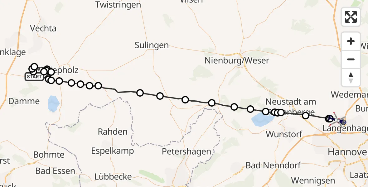 Flugroute Polizeihubschrauber Steinfeld (Oldenburg) - Flughafen Hannover, 26 Mai 2026, 19:00