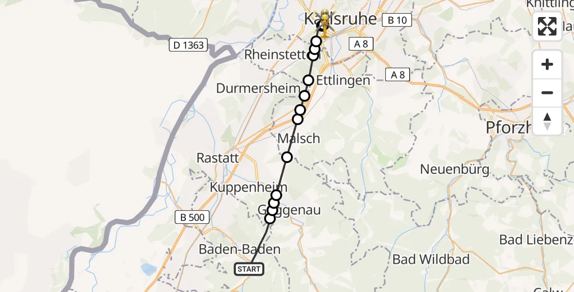 Flugroute Rettungshubschrauber Baden-Baden - Sankt Vincentius Hospital, 26 Mai 2026, 19:02