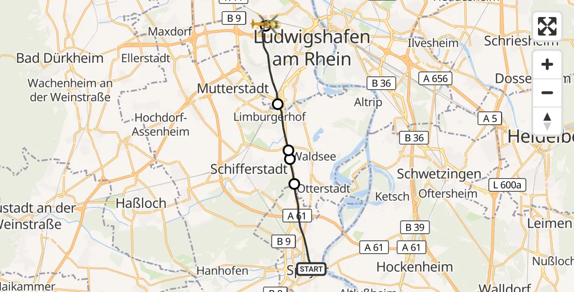 Flugroute Rettungshubschrauber Speyer - Ludwigshafen Accident Hospital, 26 Mai 2026, 19:03