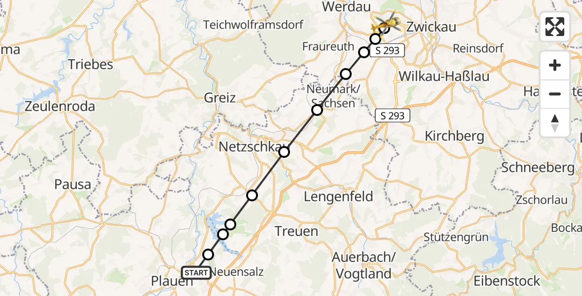 Flugroute Rettungshubschrauber Plauen - ADAC Air Rescue Station Zwickau Hubschrauberlandeplatz, 26 Mai 2026, 19:09