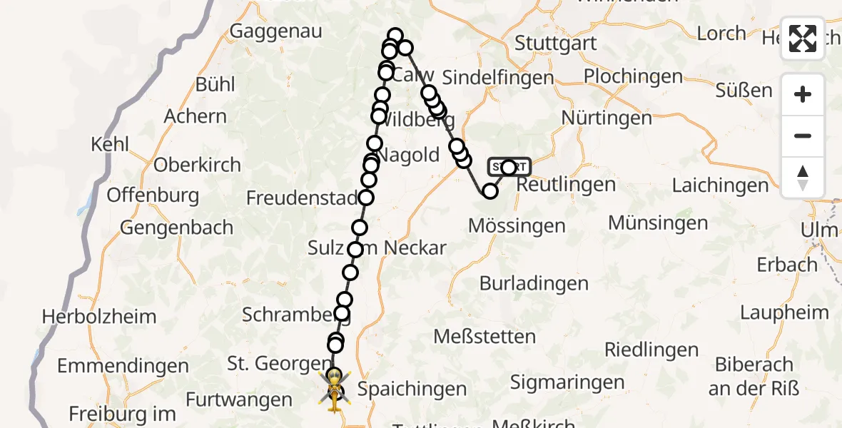 Flugroute Ambulanzhubschrauber Tübingen University Hospital - DRF Air Rescue Station Villingen-Schwenningen Hubschrauberlandeplatz (Christoph 11), 26 Mai 2026, 19:15