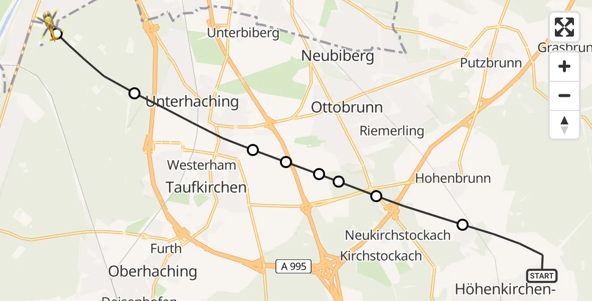Flugroute Rettungshubschrauber Höhenkirchen-Siegertsbrunn - ADAC Air Rescue Center Hubschrauberlandeplatz (Christoph 1), 26 Mai 2026, 19:16