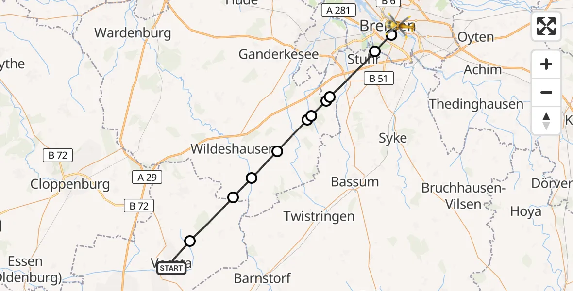 Flugroute Rettungshubschrauber Vechta - Bremen, 26 Mai 2026, 19:20
