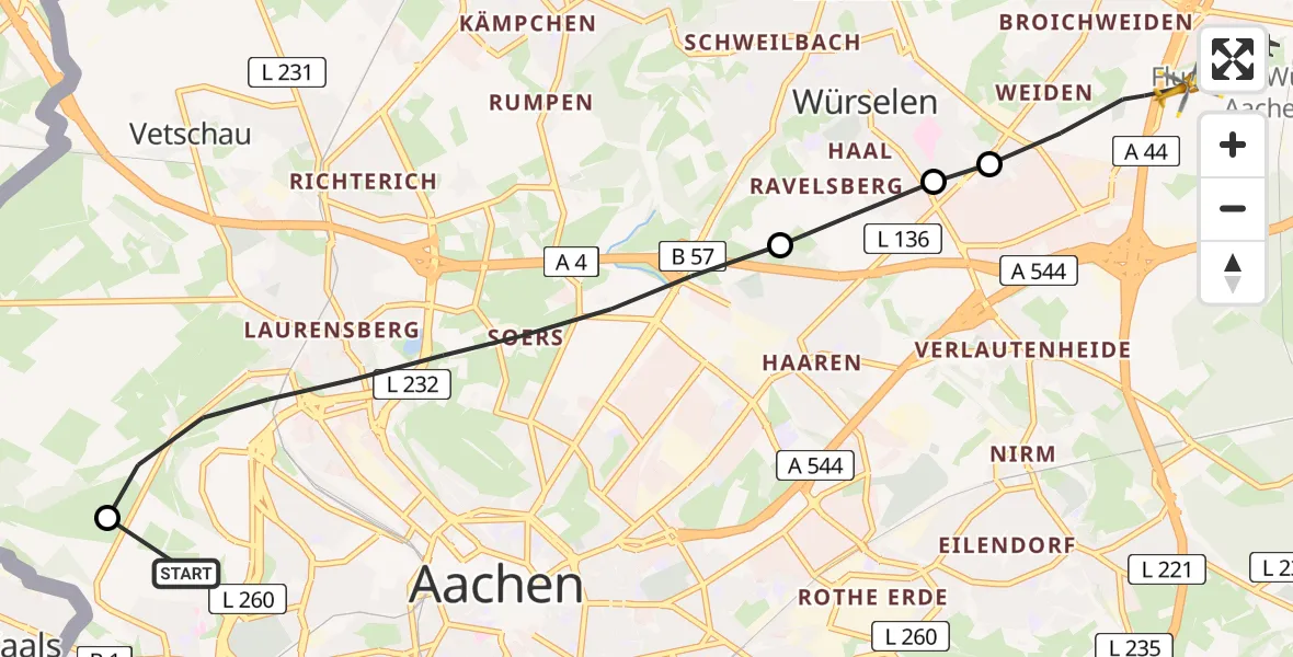 Flugroute Ambulanzhubschrauber Aachen Hospital - Würselen, 26 Mai 2026, 19:22