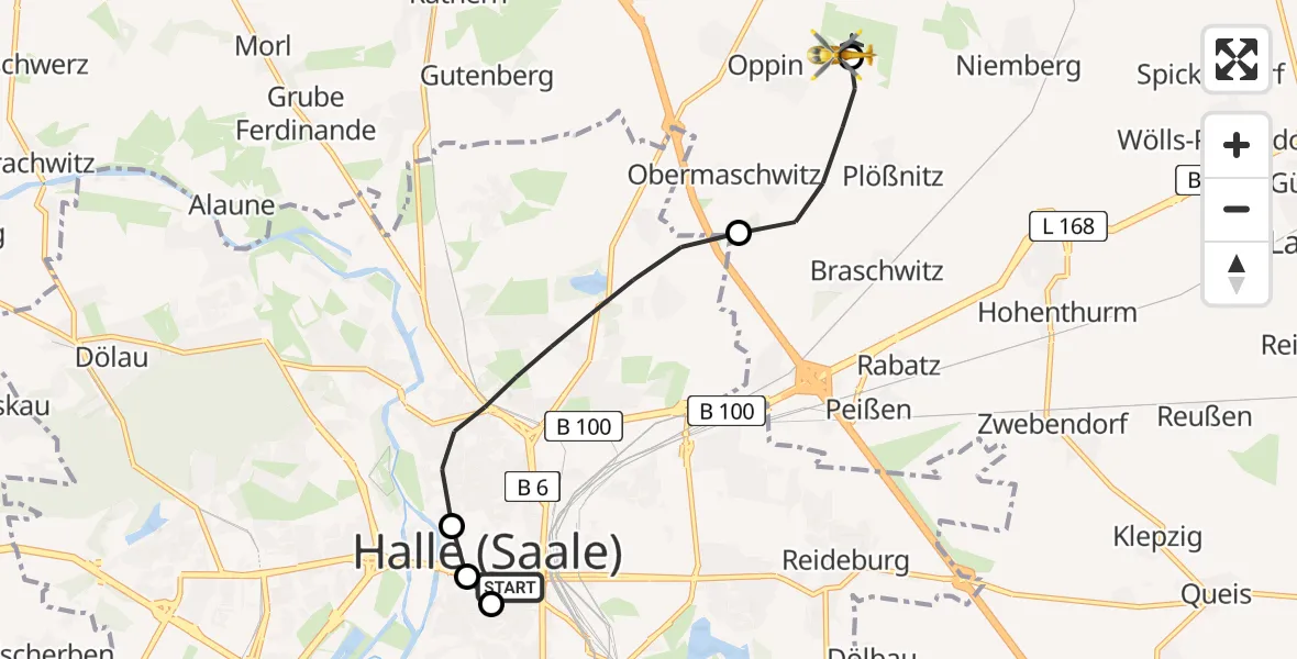 Flugroute Rettungshubschrauber Halle (Saale) - Halle-Oppin Flugplatz, 26 Mai 2026, 19:32