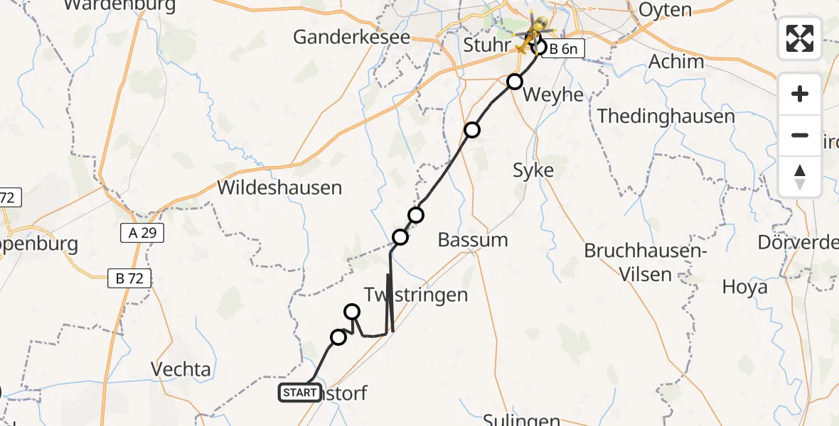 Flugroute Rettungshubschrauber Barnstorf - ADAC Air Rescue Station Bremen Hubschrauberlandeplatz (Christoph 6), 26 Mai 2026, 19:33