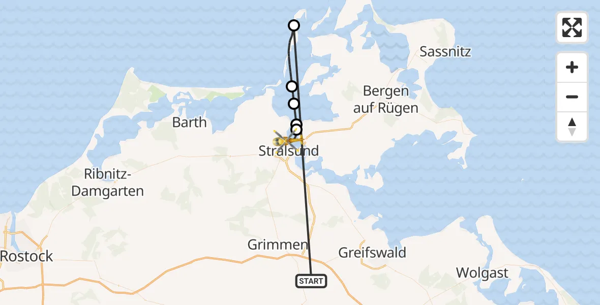 Flugroute Rettungshubschrauber Süderholz - Stralsund, 26 Mai 2026, 19:38