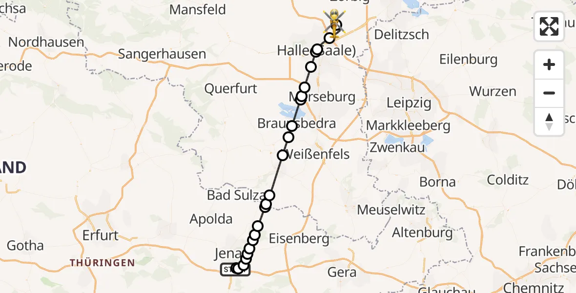 Flugroute Rettungshubschrauber Jena University Hospital - Halle-Oppin Flugplatz, 26 Mai 2026, 19:43