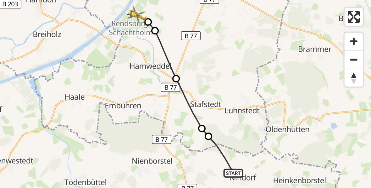 Flugroute Ambulanzhubschrauber Nindorf - Rendsburg-Schachtholm Flugplatz, 26 Mai 2026, 19:46