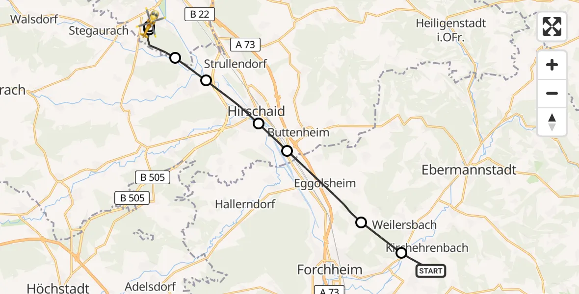 Flugroute Ambulanzhubschrauber Kirchehrenbach - Bamberg Hospital, 26 Mai 2026, 19:49