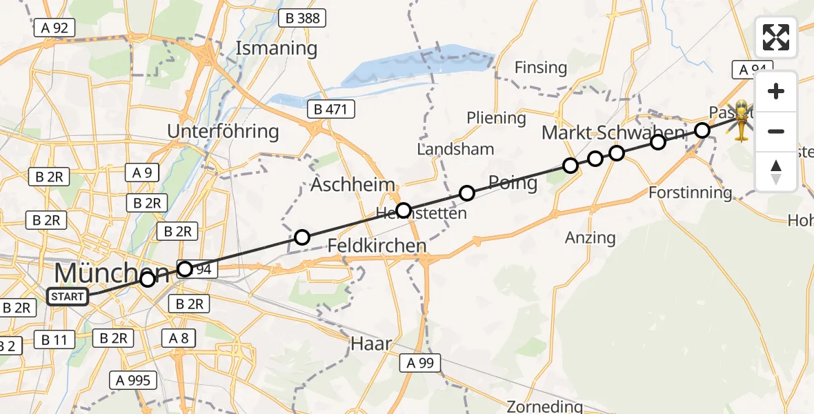 Flugroute Rettungshubschrauber München - Pastetten, 26 Mai 2026, 20:14
