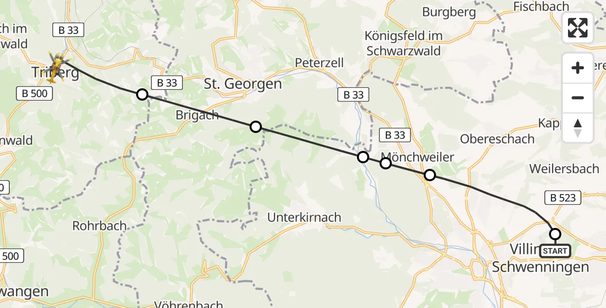 Flugroute Ambulanzhubschrauber DRF Air Rescue Station Villingen-Schwenningen Hubschrauberlandeplatz (Christoph 11) - Triberg im Schwarzwald, 26 Mai 2026, 20:14