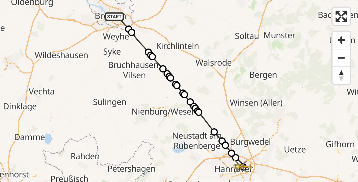 Flugroute Rettungshubschrauber Bremen - Hannover Luftrettung Hubschrauberlandeplatz (Christoph 4), 26 Mai 2026, 20:24