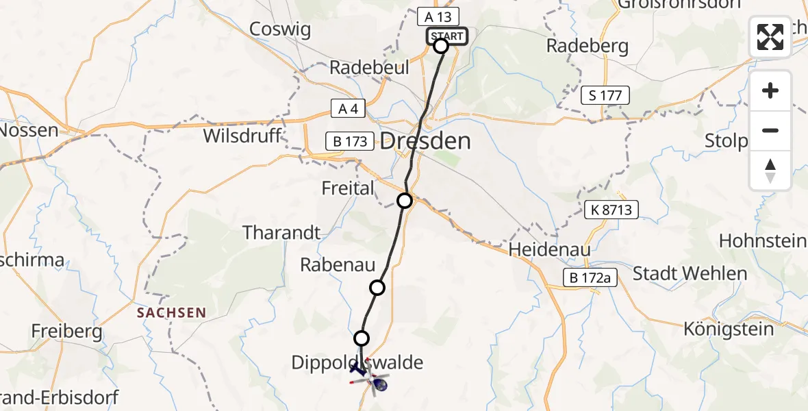 Flugroute Polizeihubschrauber Dresden Flughafen - Dippoldiswalde, 26 Mai 2026, 20:24