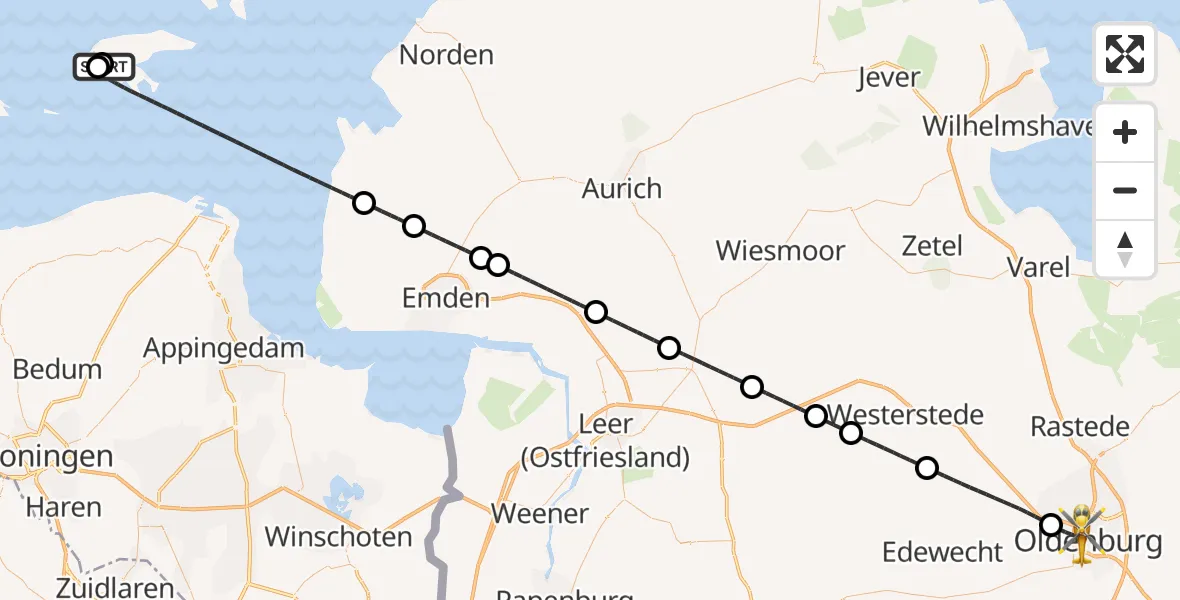 Flugroute Rettungshubschrauber Borkum Island Hospital - Oldenburg (Oldb), 26 Mai 2026, 20:46