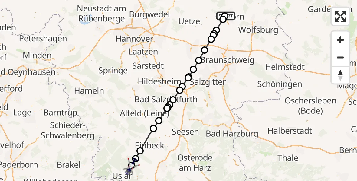 Flugroute Polizeihubschrauber Gifhorn Bundespolizei Hubschrauberlandeplatz - Moringen, 26 Mai 2026, 20:47