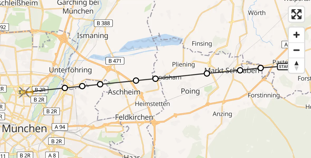 Flugroute Rettungshubschrauber Pastetten - München, 26 Mai 2026, 20:54