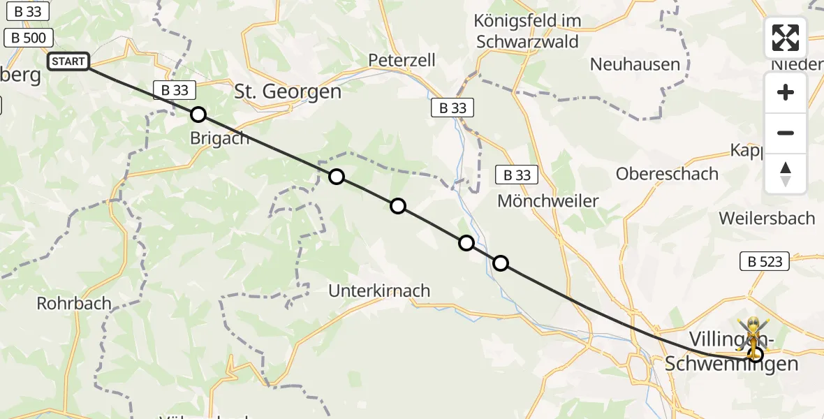 Flugroute Ambulanzhubschrauber Triberg im Schwarzwald - DRF Air Rescue Station Villingen-Schwenningen Hubschrauberlandeplatz (Christoph 11), 26 Mai 2026, 20:54