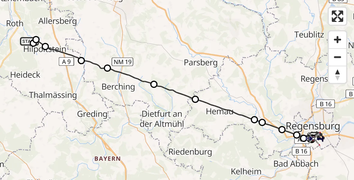 Flugroute Polizeihubschrauber Roth - Regensburg, 26 Mai 2026, 21:13
