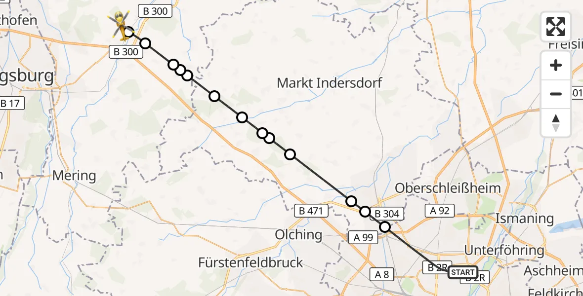 Flugroute Rettungshubschrauber München - Obergriesbach, 26 Mai 2026, 21:17