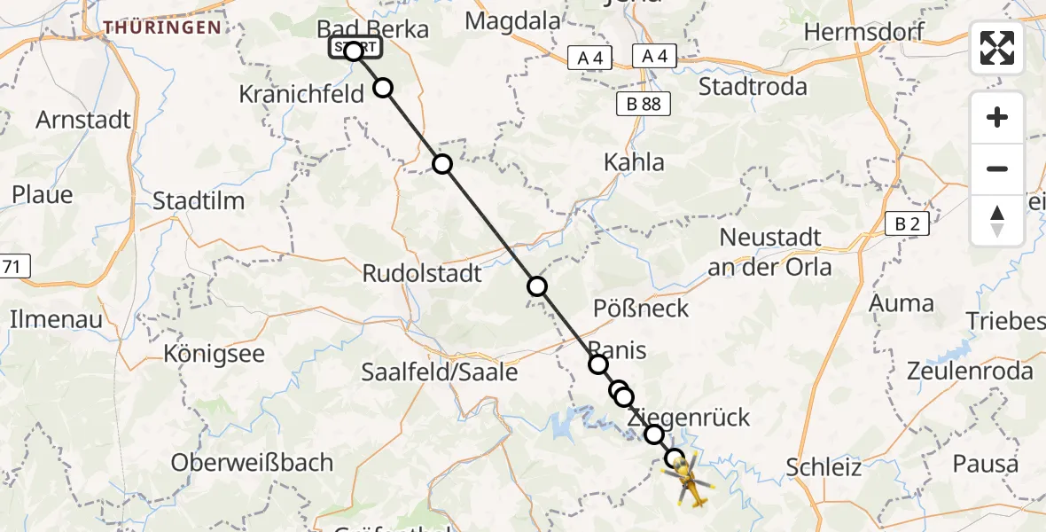 Flugroute Ambulanzhubschrauber Bad Berka Central Hospital - Remptendorf, 26 Mai 2026, 21:22