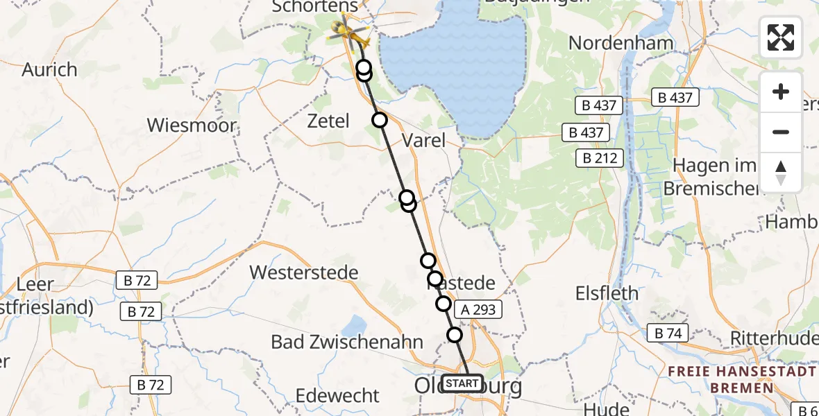 Flugroute Rettungshubschrauber Oldenburg (Oldb) - Sande, 26 Mai 2026, 21:52