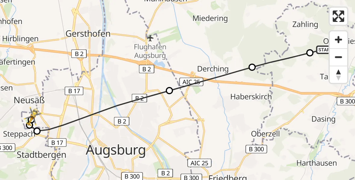 Flugroute Rettungshubschrauber Obergriesbach - Augsburg University Hospital, 26 Mai 2026, 21:52