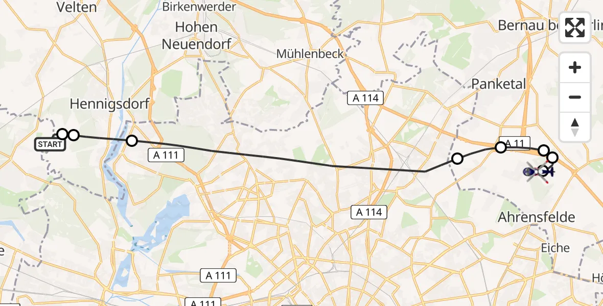 Flugroute Polizeihubschrauber Schönwalde Flugplatz - Ahrensfelde Hubschrauberlandeplatz, 26 Mai 2026, 21:55