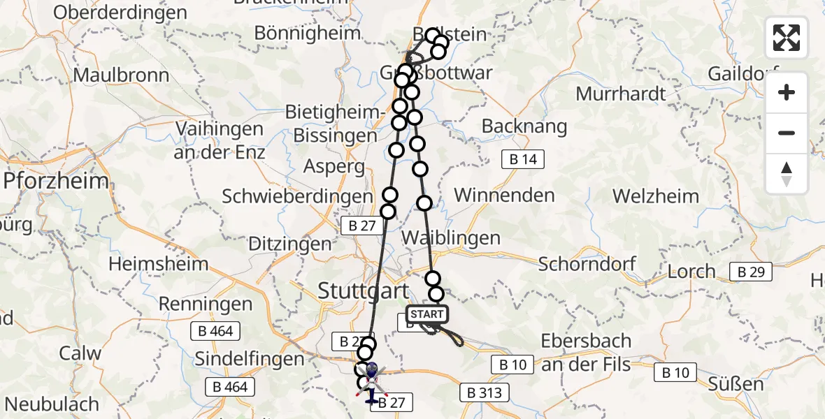 Flugroute Polizeihubschrauber Esslingen am Neckar - Flughafen Stuttgart, 26 Mai 2026, 22:02