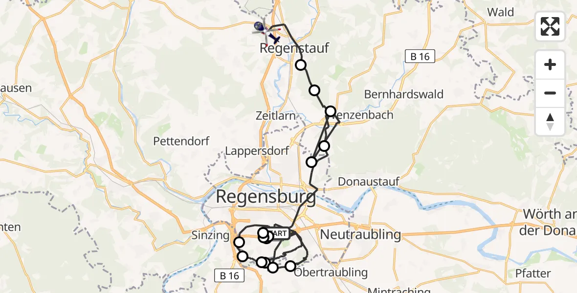 Flugroute Polizeihubschrauber Regensburg - Regenstauf, 26 Mai 2026, 22:03