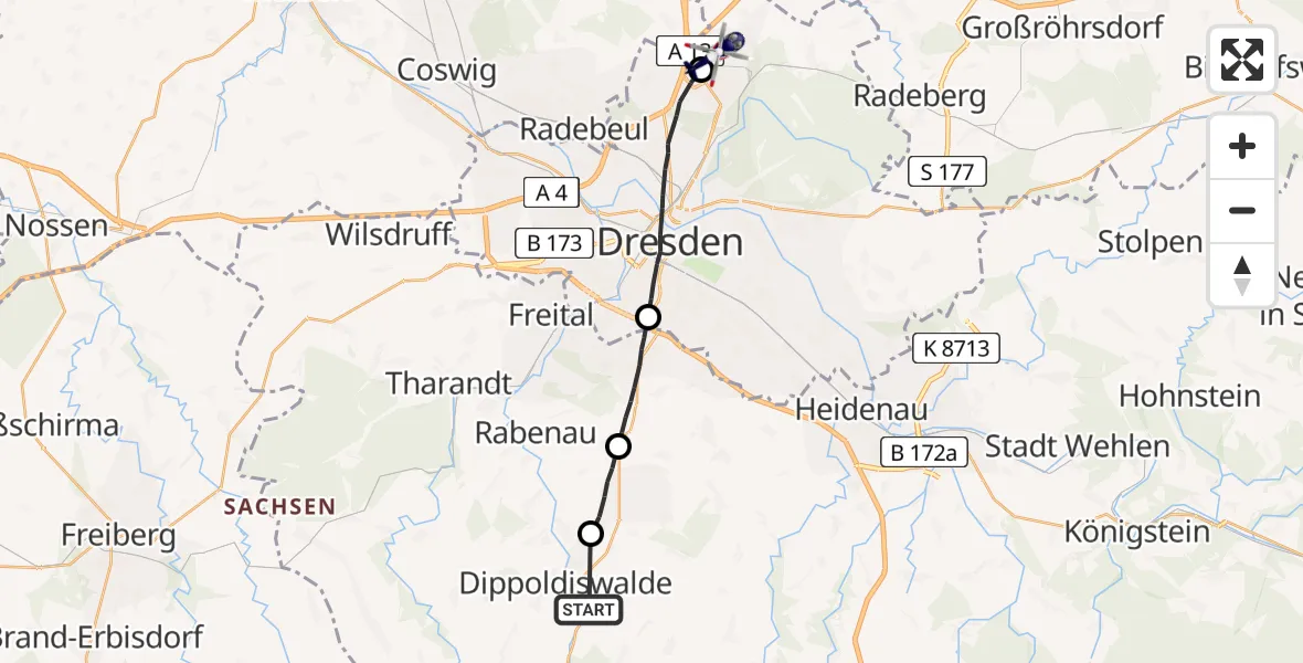 Flugroute Polizeihubschrauber Dippoldiswalde - Dresden Flughafen, 26 Mai 2026, 22:08