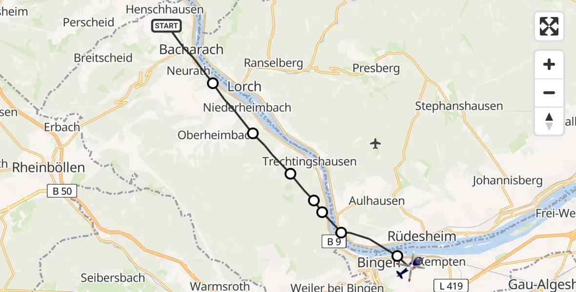 Flugroute Polizeihubschrauber Bacharach - Bingen am Rhein, 26 Mai 2026, 22:16
