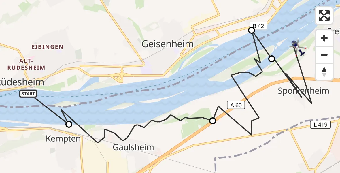 Flugroute Polizeihubschrauber Rüdesheim am Rhein - Ingelheim am Rhein, 26 Mai 2026, 22:24