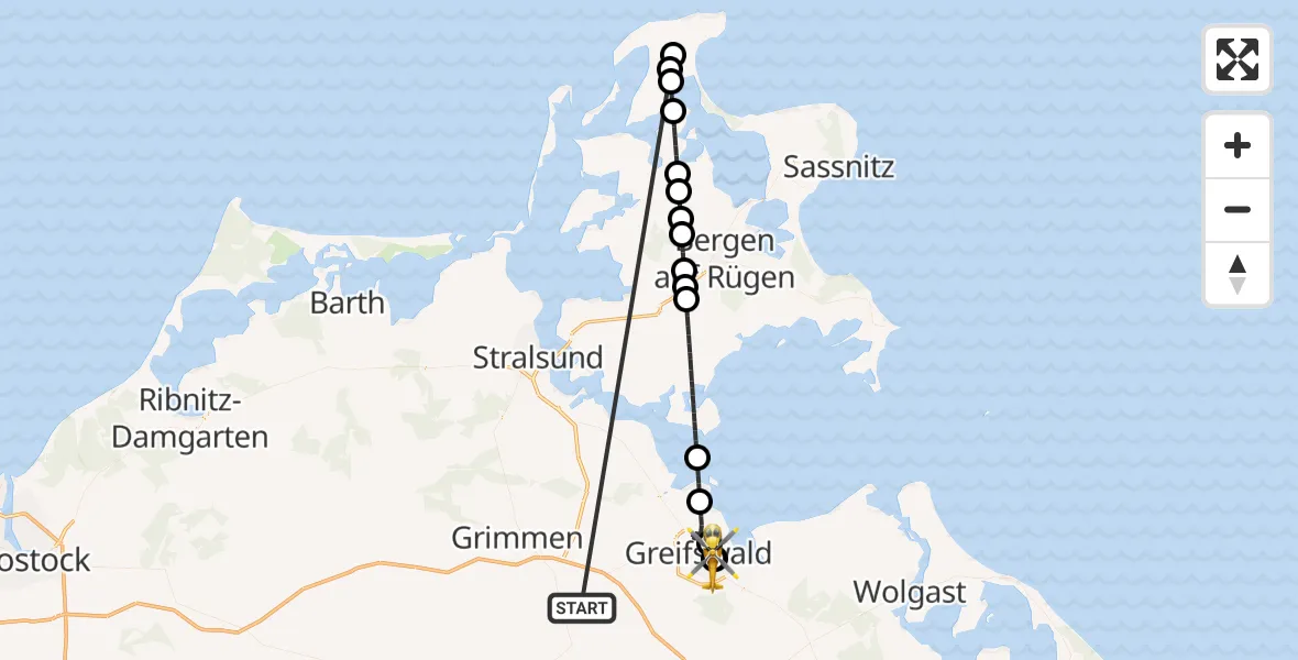 Flugroute Rettungshubschrauber Süderholz - Greifswald Hospital, 26 Mai 2026, 22:44