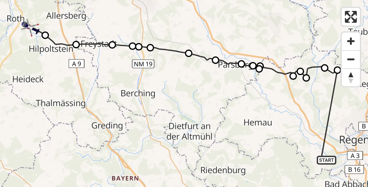 Flugroute Polizeihubschrauber Sinzing - Roth, 26 Mai 2026, 23:05