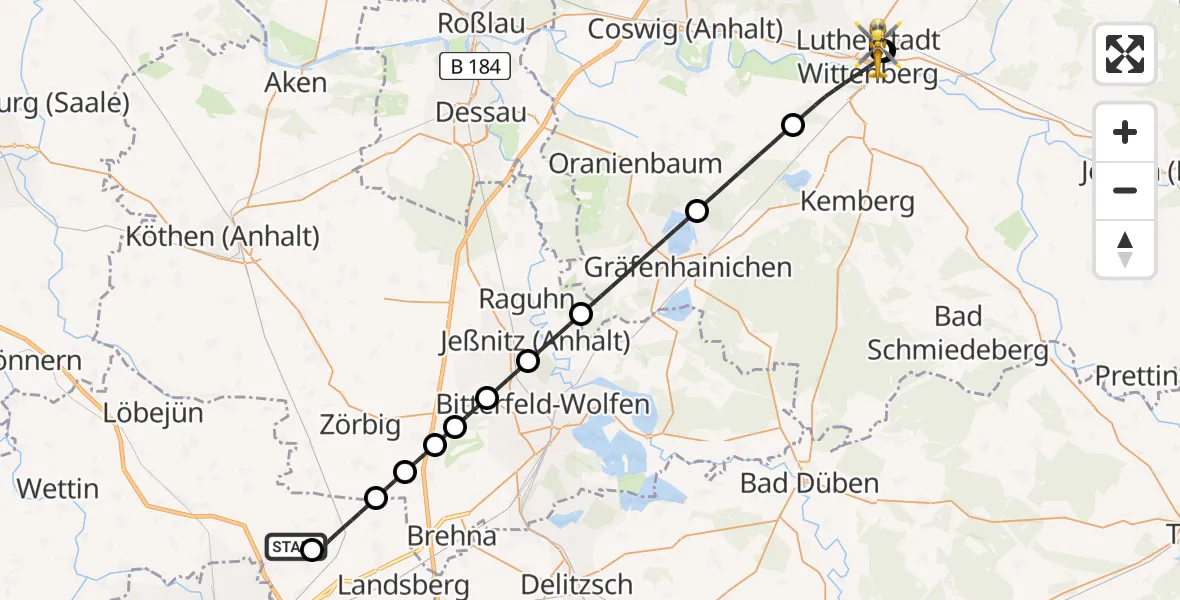 Flugroute Rettungshubschrauber Halle-Oppin Flugplatz - Paul-Gerhardt-Stift Evangelical Hospital, 26 Mai 2026, 23:06