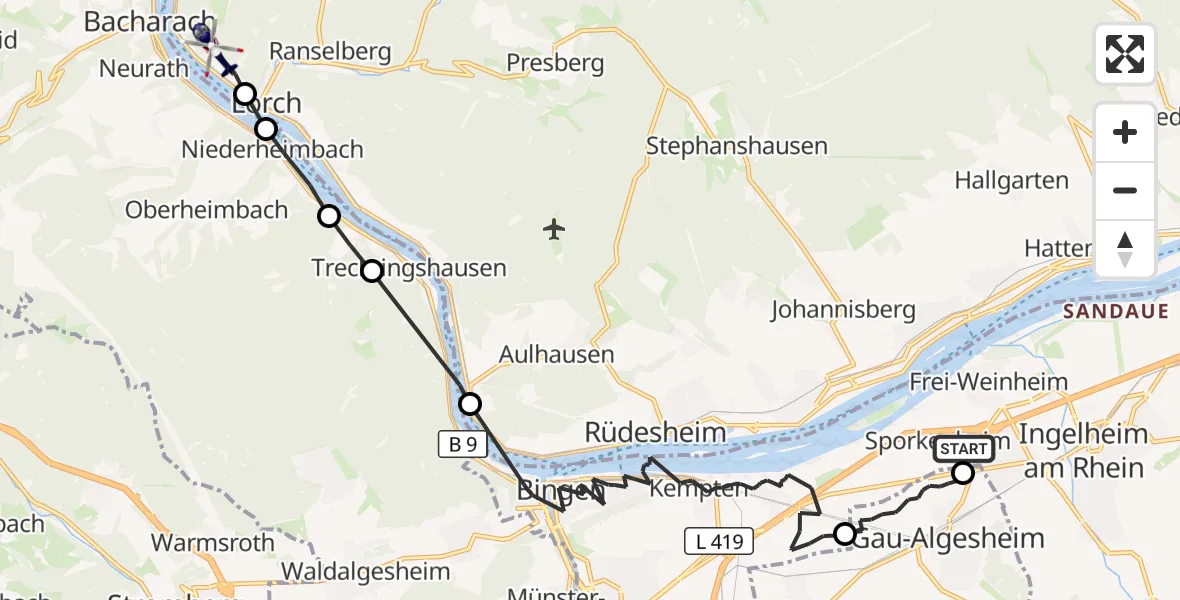 Flugroute Polizeihubschrauber Ingelheim am Rhein - Lorch, 26 Mai 2026, 23:09